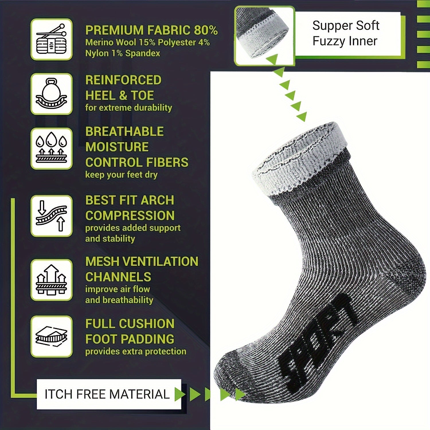 3 Pairs Men's Athletic Wool Socks Shock Absorption Outdoor Sports Hiking Socks