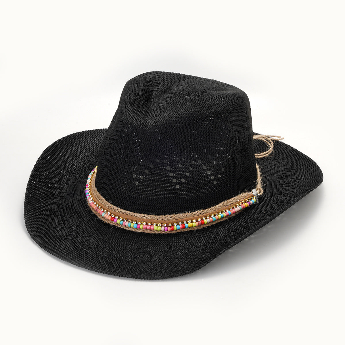 Hollow Crochet Straw Sun Hat Western Style Cowboy Hat Beads Band Decor