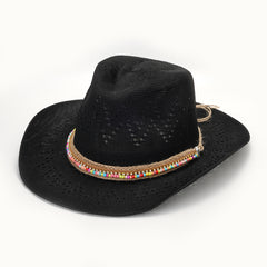 Hollow Crochet Straw Sun Hat Western Style Cowboy Hat Beads Band Decor