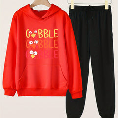 Girls' GOBBLE Print Hoodies Pants Set For Spring Fall Sports