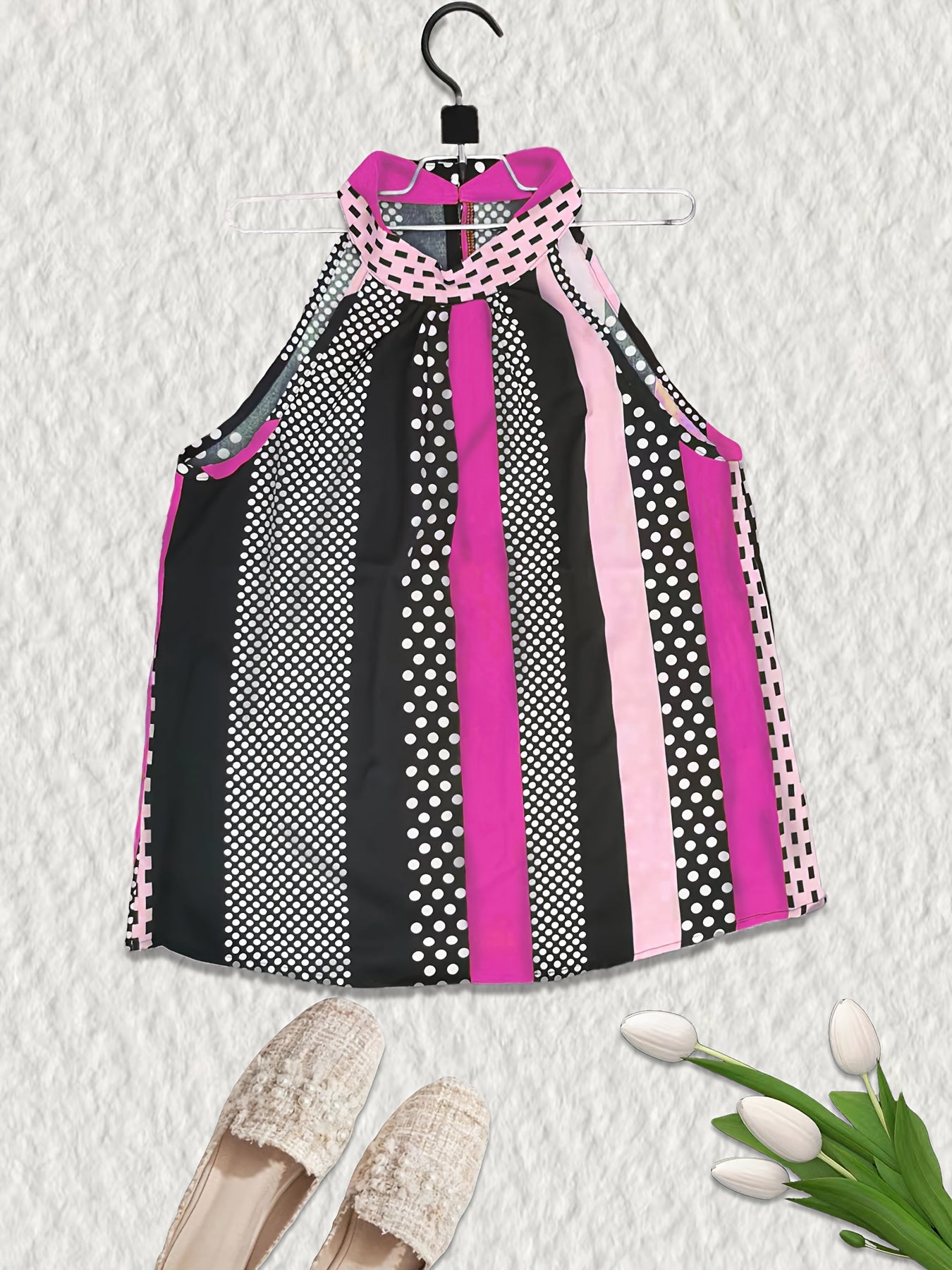 Polka Dot Halter Neck Top Colorblock Casual Summer Women's Clothing