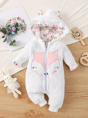 Plush Fox Printed Baby Girls Jumpsuit Hooded Zip Up Coat