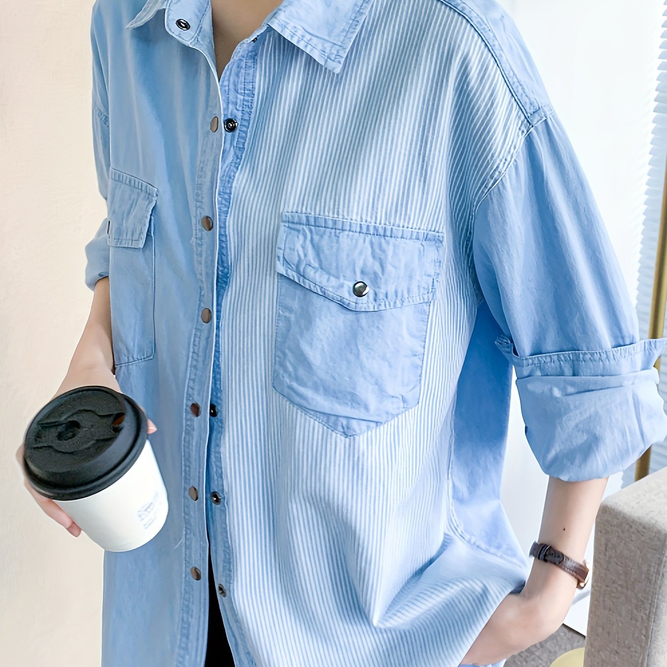 Colorblock Button Up Long Sleeve Denim Shirt