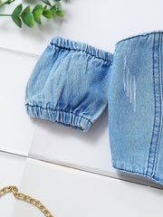 2pcs Toddler Girls Off Shoulder Denim Tube Top & Ripped Belted Jeans Set