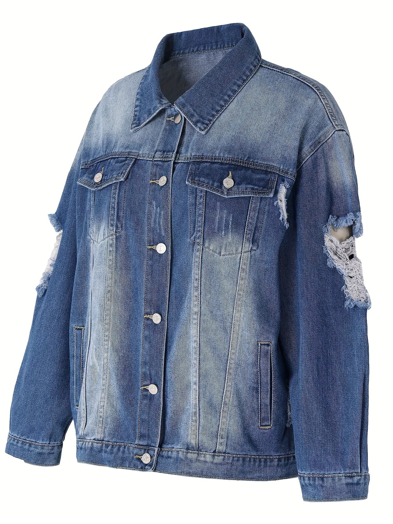 Casual Denim Jacket Women's Plus Washed Ripped Long Sleeve Button Up