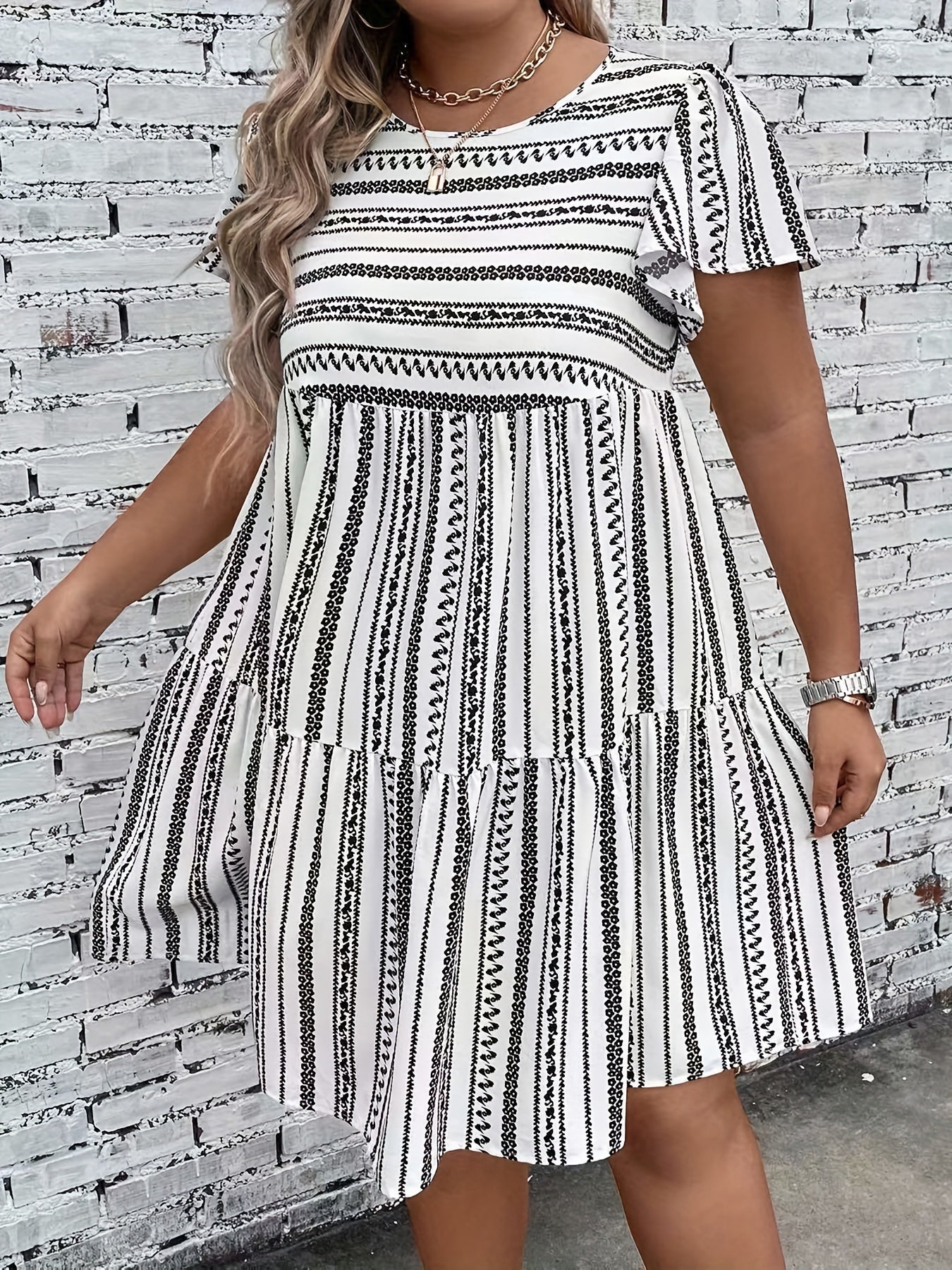 Women's Plus Geo Stripe Print Ruffle Sleeve Boho Dress