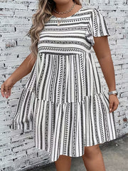 Women's Plus Geo Stripe Print Ruffle Sleeve Boho Dress