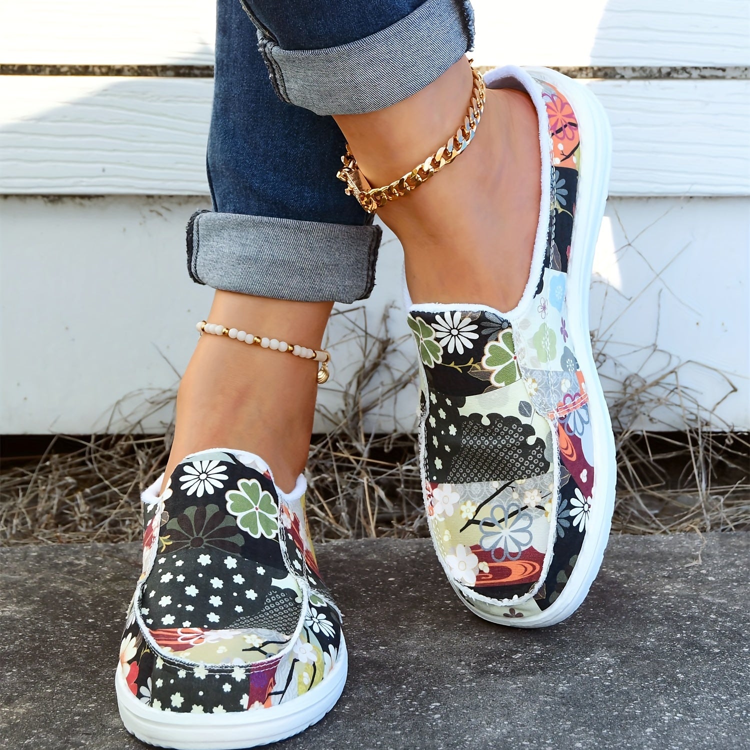 Women's Flower Patchwork Mules Sneakers Slip on Flat Slippers