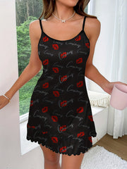 Lips Print Ruffle Nightdress Crew Neck Sleep Dress Women's Sleepwear