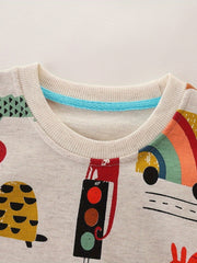Cartoon Animals Print Boys Sweatshirt Crew Neck Long Sleeve Kids Clothing