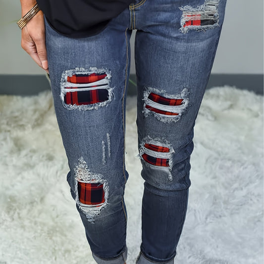 Colorblock Plaid Print Ripped Button Fly Jeans