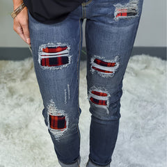 Colorblock Plaid Print Ripped Button Fly Jeans