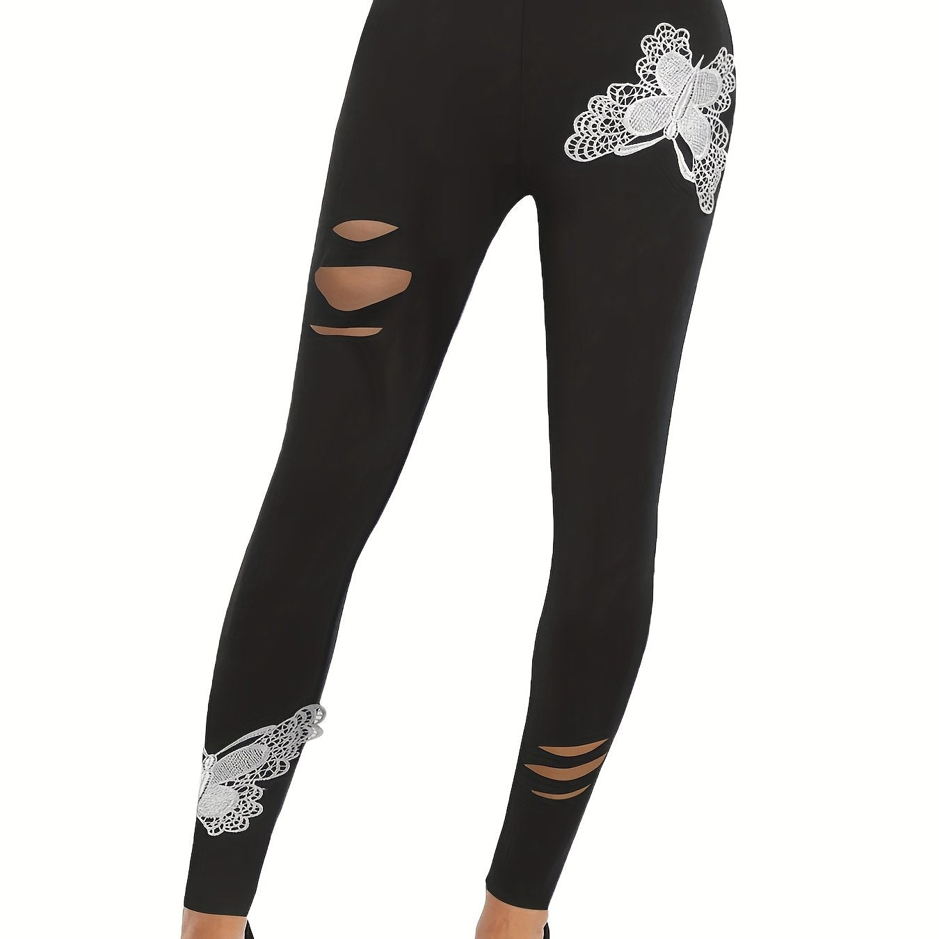 Butterfly Pattern Ripped Skinny Leggings
