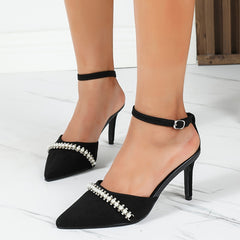 Pearl Decor Ankle Strap High Heel Pointed Toe Stilettos