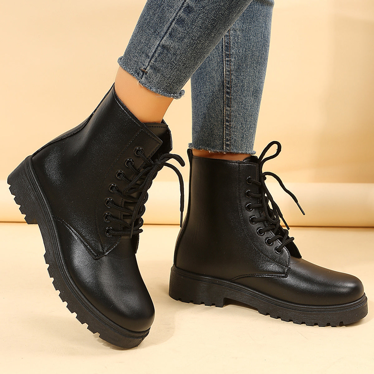 Chunky Heel Ankle Boots Lace Up Short Boots Women's Footwear