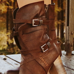 Women's Retro Mid Calf Boots Block Heeled Boots Western High Heeled Boots