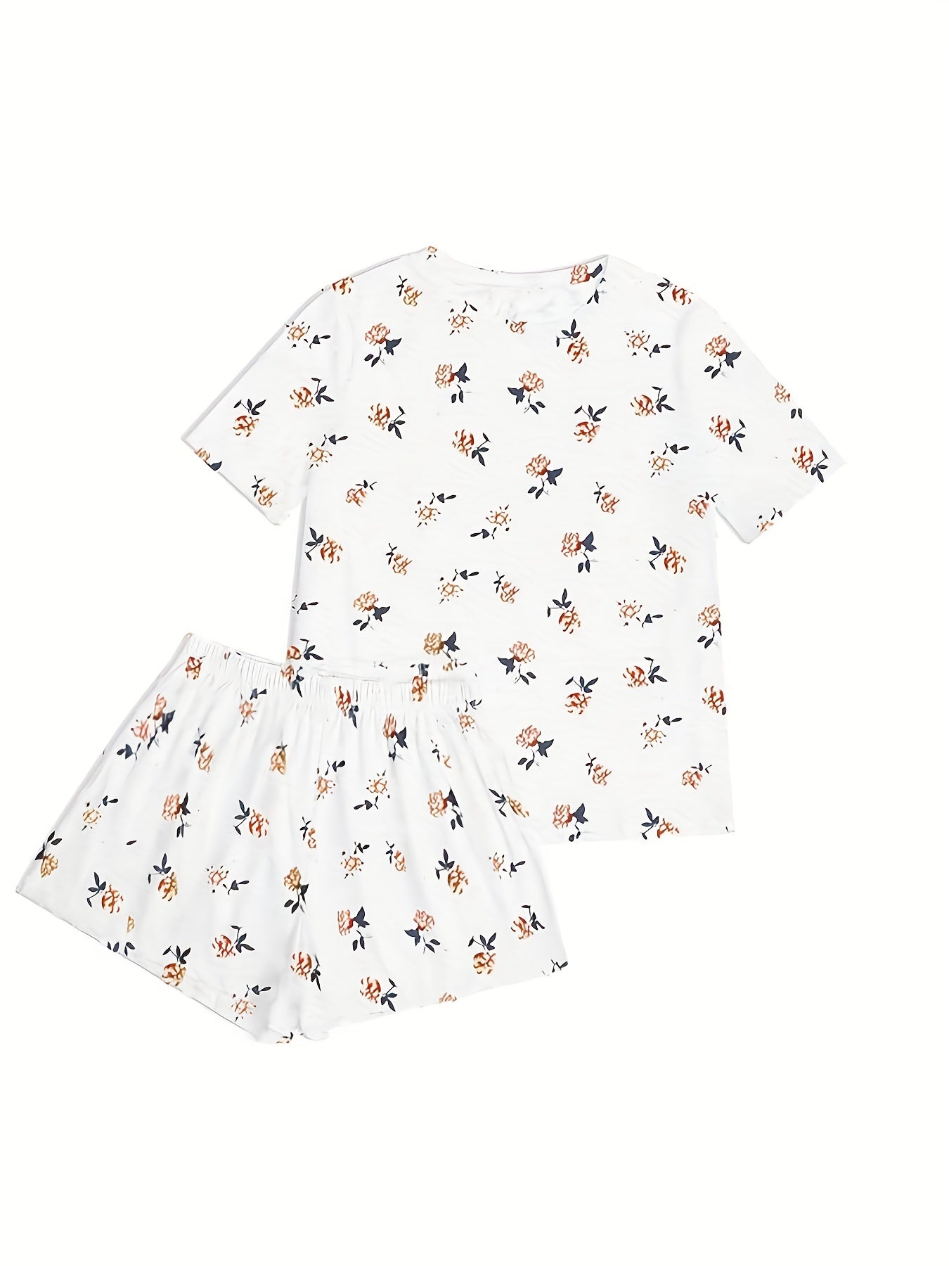 Floral Print Pajamas Set Short Sleeve Crew Neck Top & Shorts