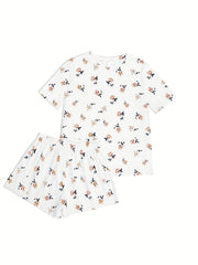 Floral Print Pajamas Set Short Sleeve Crew Neck Top & Shorts