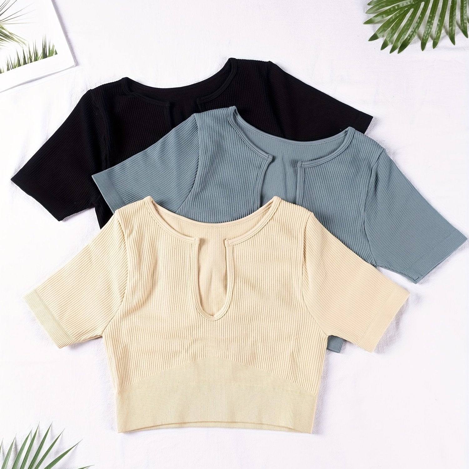 3 Pcs Solid Notched Neck Ribbed Yoga T-shirts Short Sleeve Crop Top