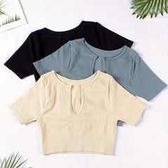 3 Pcs Solid Notched Neck Ribbed Yoga T-shirts Short Sleeve Crop Top