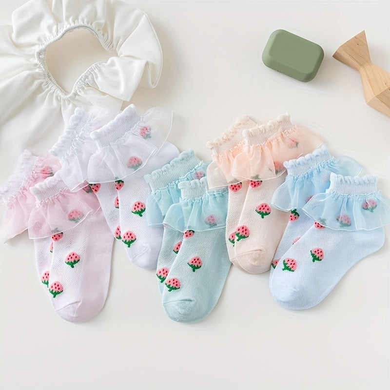 Girls Cotton Blend Lace Ruffle Ankle Socks Strawberry Pattern Candy Crew Socks