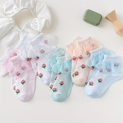 Girls Cotton Blend Lace Ruffle Ankle Socks Strawberry Pattern Candy Crew Socks