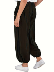 Pleated Elastic Waist Pants Button Decor Baggy Pants
