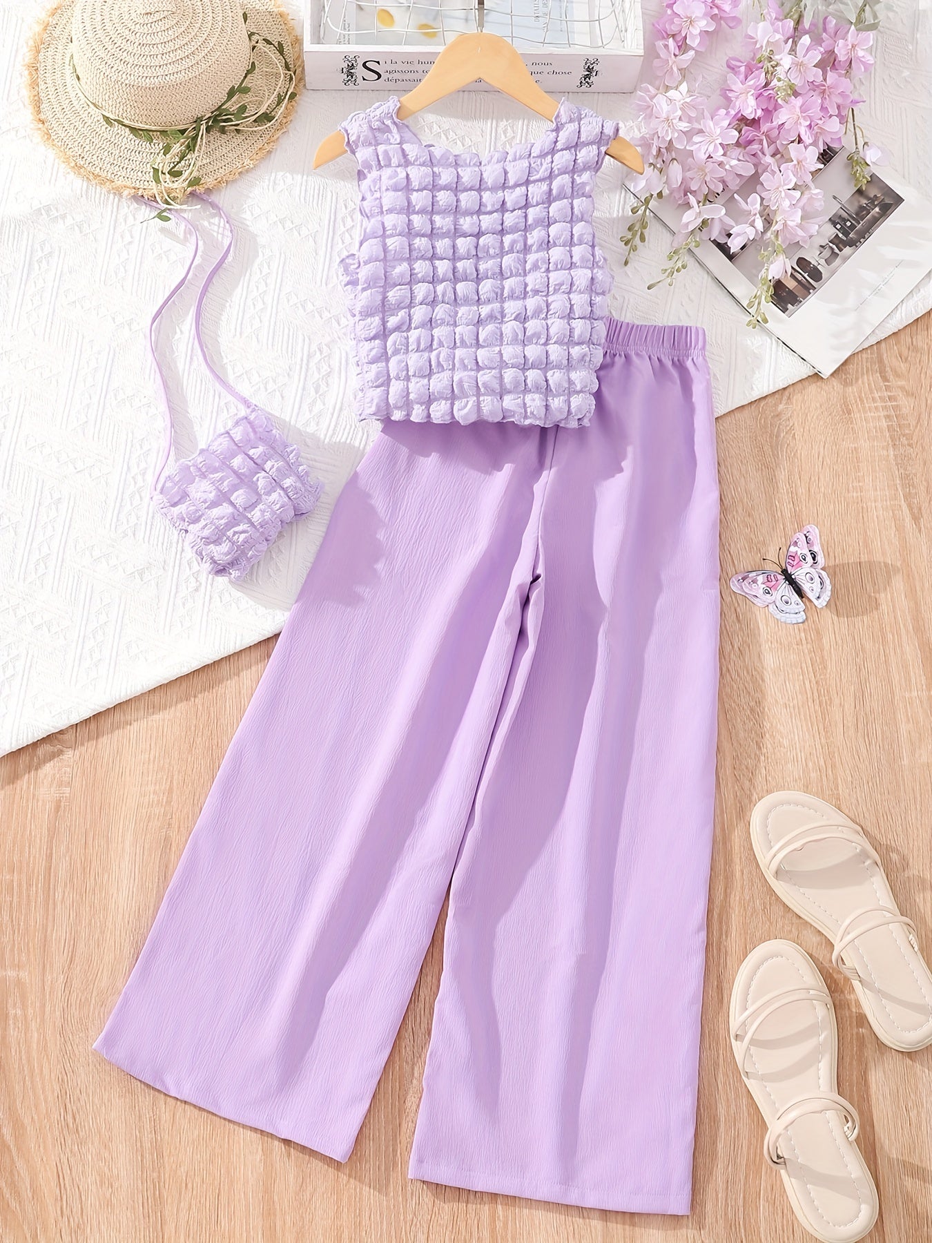 Girls 3pcs Sleeveless Top & Long Pants & Crossbody Bag Set for Spring and Summer