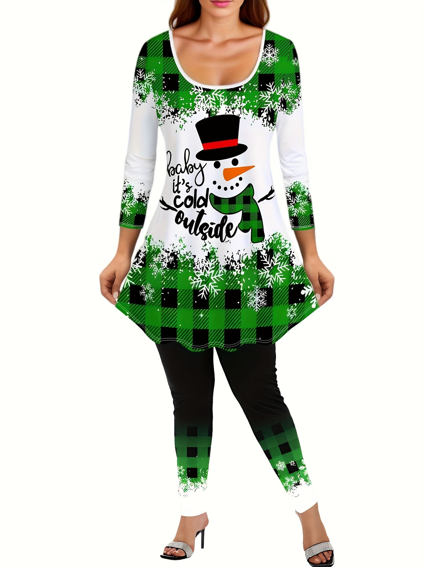Women's Plus Size Christmas Outfit Set - Gingham & Snowman Print Top