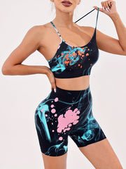 2Pcs Splatter Print Yoga Set Crop Top & High Waist Pant