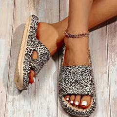 Leopard Sports Slippers Open Toe Cut Out Slides Thick Sole Anti slip