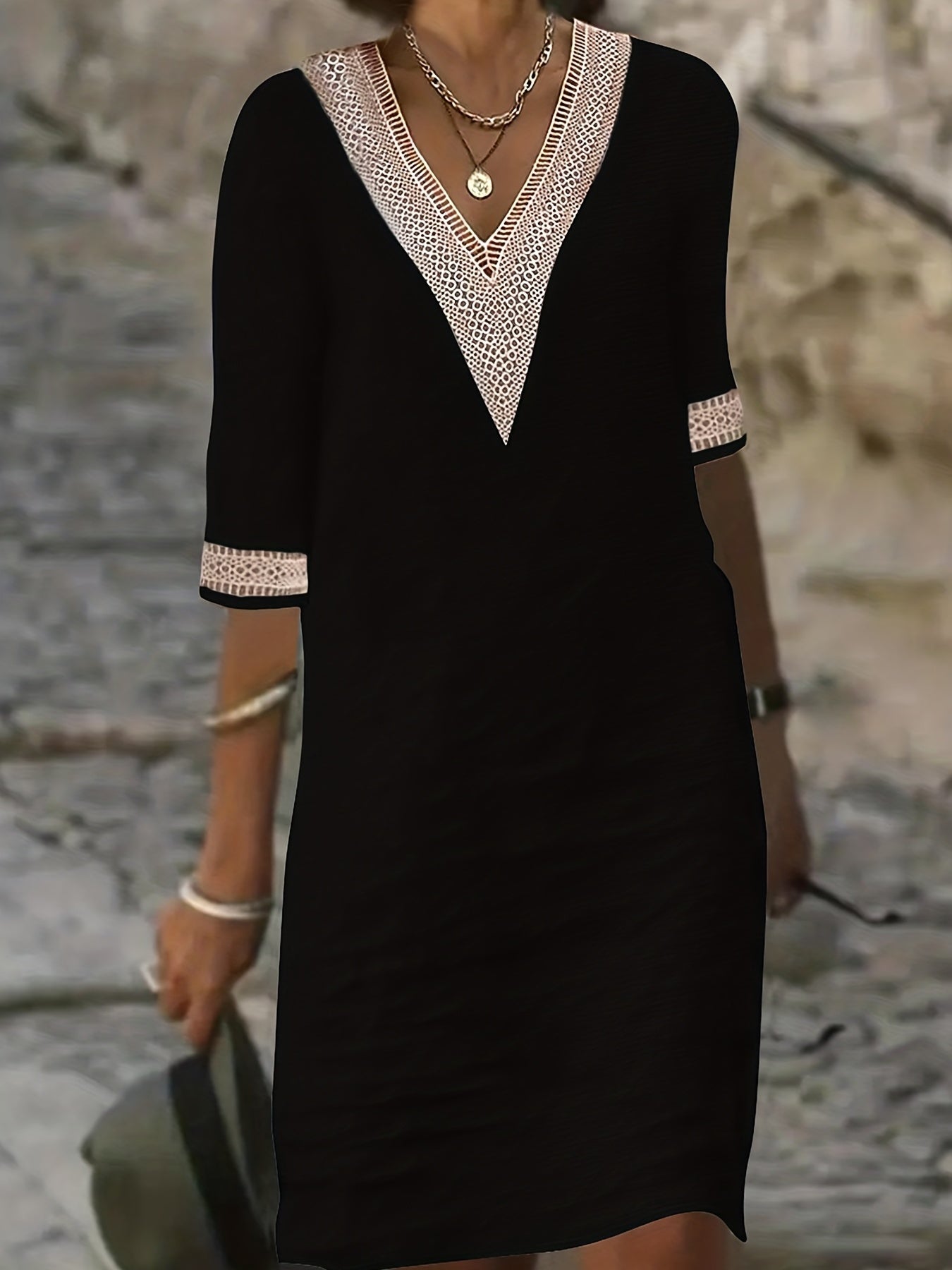 Guipure Lace V Neck Dress Short Sleeve for Spring & Summer