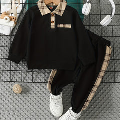 2pcs Boys Plaid Long Sleeve Sweatshirt&Sweatpants Sets Kids Clothes