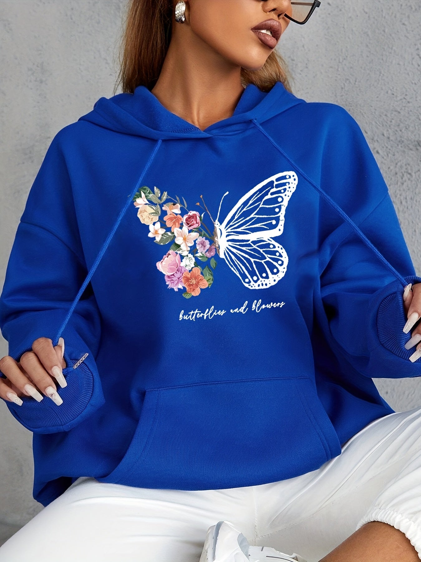 Butterfly & Floral Print Hoodie Casual Sweatshirt