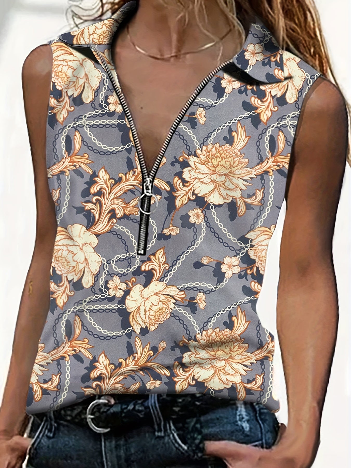 Baroque Print Half Zip Top Shirt Collar Sleeveless Casual Top