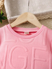 Girl's Textured Letter Casual Dress with Ruffle Trim