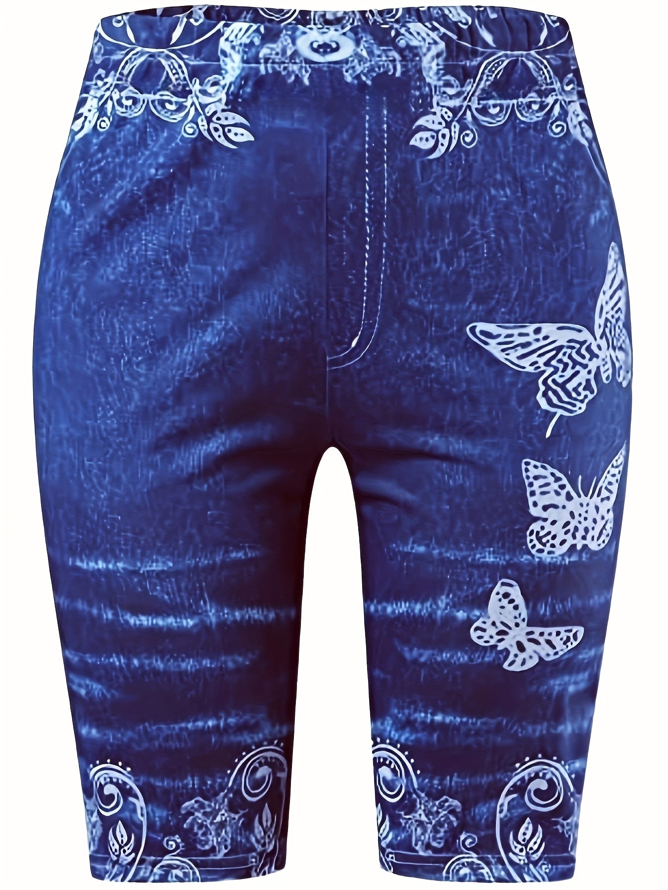 Women's Faux Denim Floral Printed Yoga Shorts High Waist Casual