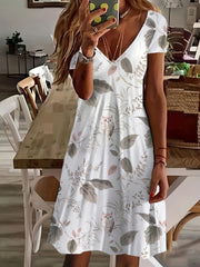 Casual Print V Neck Dress Short Sleeve for Women