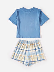 Letter Print Short Sleeve Tops & Plaid Shorts Set Women's Sleepwear & Loungewear