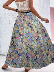 Floral Print Drawstring Skirt High Waist Pleated Casual Style