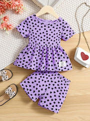 Girls Heart Graphic Peplum Crew Neck T Shirt Top & Shorts Set