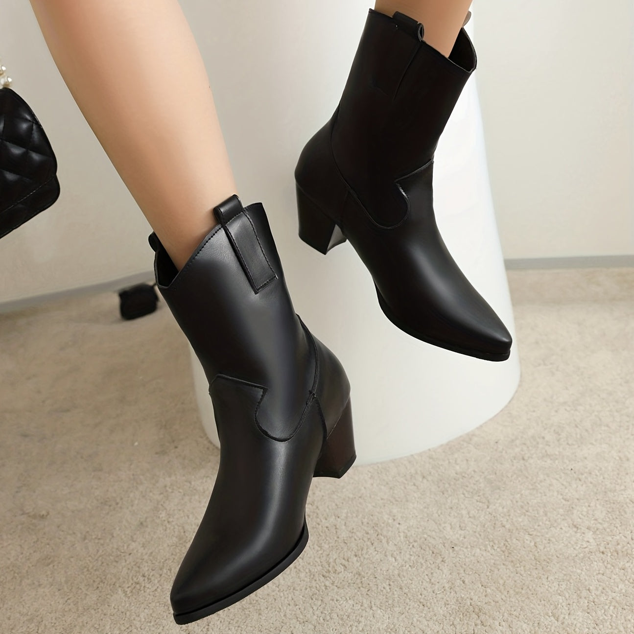 Chunky Heeled Cowboy Boots V cut Ankle Boots