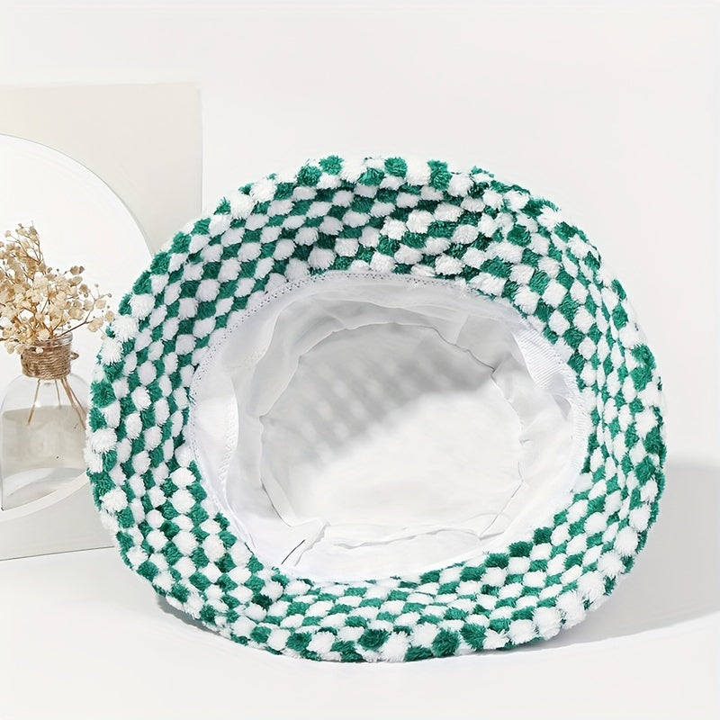 Green Plaid Plush Bucket Hat for Women & Men