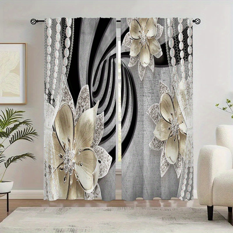 2 Panels Antique Flower Semi Blackout Curtain Rod Pocket Curtains