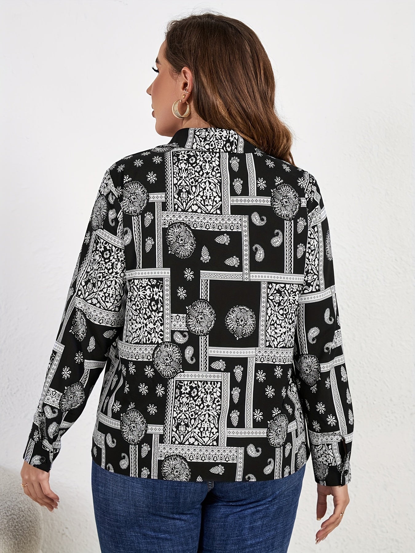 Boho Blouse Women's Plus Paisley & Scarf Print Long Sleeve
