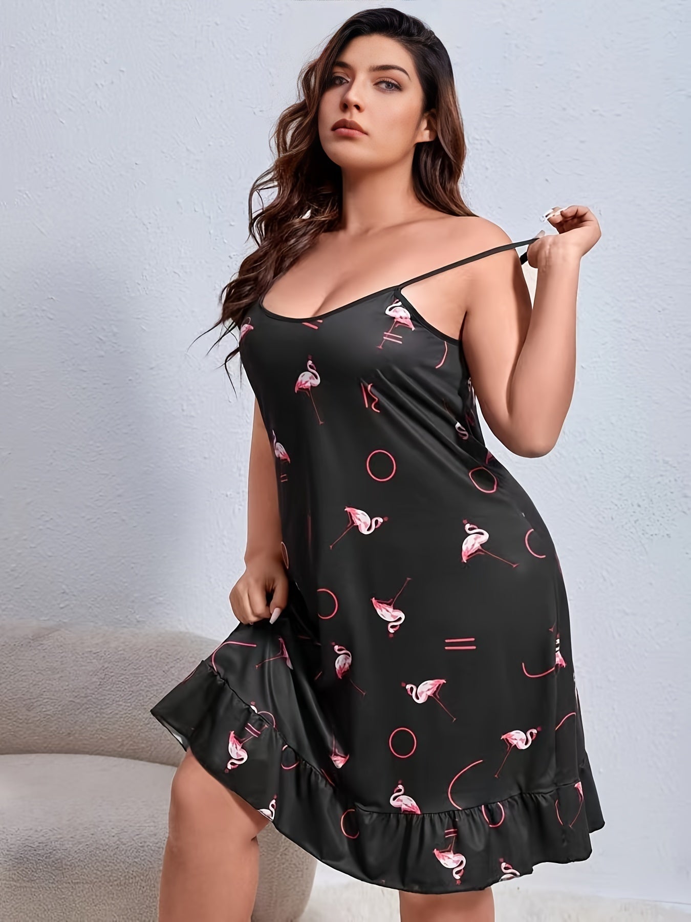 Flamingo Print Ruffle Trim Sleep Dress
