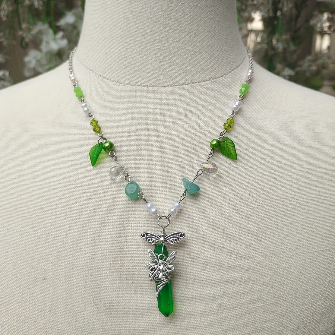 Green Fairy Necklace Faux Pearl Decor for Girls Kids