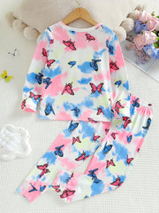 Kid's Butterfly Tie dye Print Pajama Set Long Sleeve Top & Elastic Waist Pants