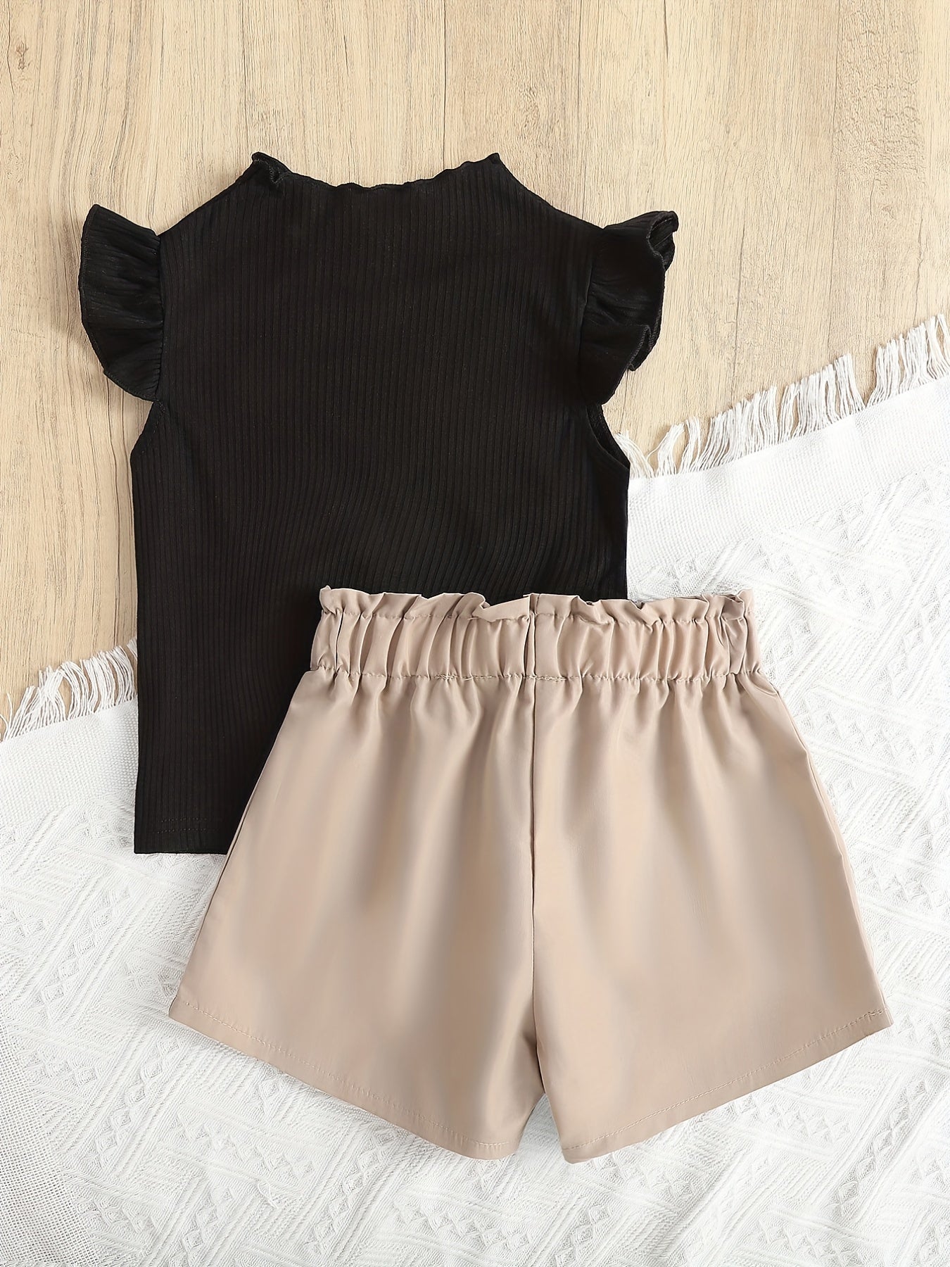 2pcs Toddler Girls Ribbed Knit Top & Shorts Set