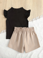 2pcs Toddler Girls Ribbed Knit Top & Shorts Set